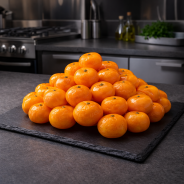 Premium gekonfijte Corsicaanse clementines op zwarte leisteen, gastronomische presentatie