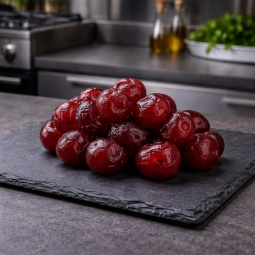 Cerises bigarreau confites présentées sur ardoise premium, vue de dessus, cuisine professionnelle