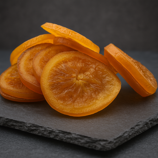Candied orange slices half dipped in chocolate, festive gourmet treat
