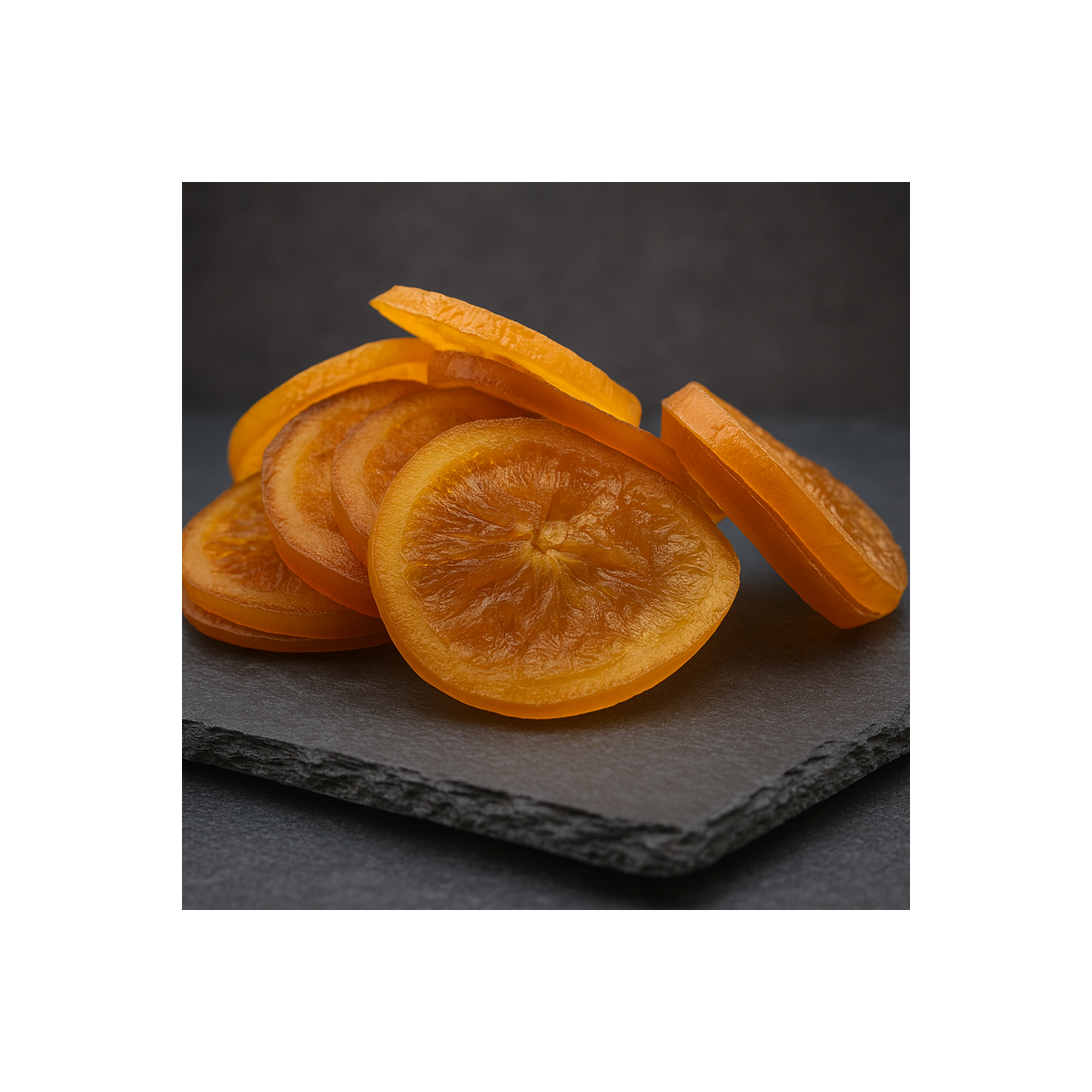 Rodajas de naranja confitadas parcialmente bañadas en chocolate, especialidad festiva