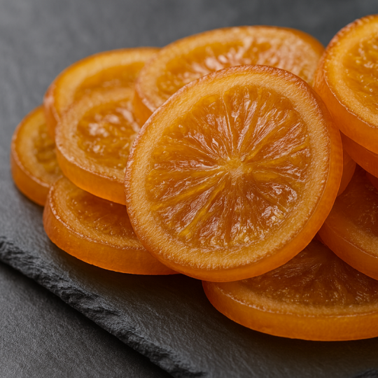 Fatias de laranja cristalizadas com casca e zeste, apresentação gourmet