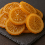 Rodajas de naranja confitadas presentadas sobre pizarra premium, vista superior, cocina profesional