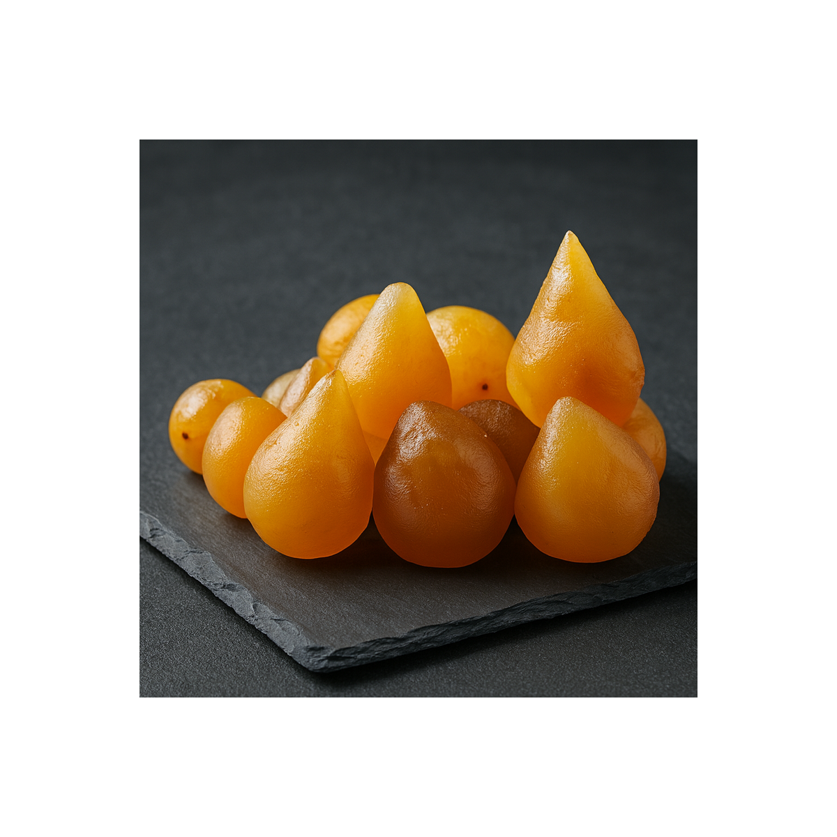 Poires blanches confites pour décoration pâtissière sur ardoise noire