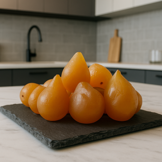 Gekonfijte witte peren volledig intact gepresenteerd op premium leisteen, bovenaanzicht