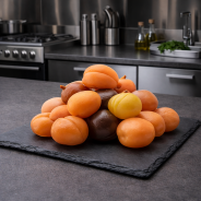 Damasco cristalizado inteiro com caroço apresentado em ardósia premium, vista superior, cozinha profissional