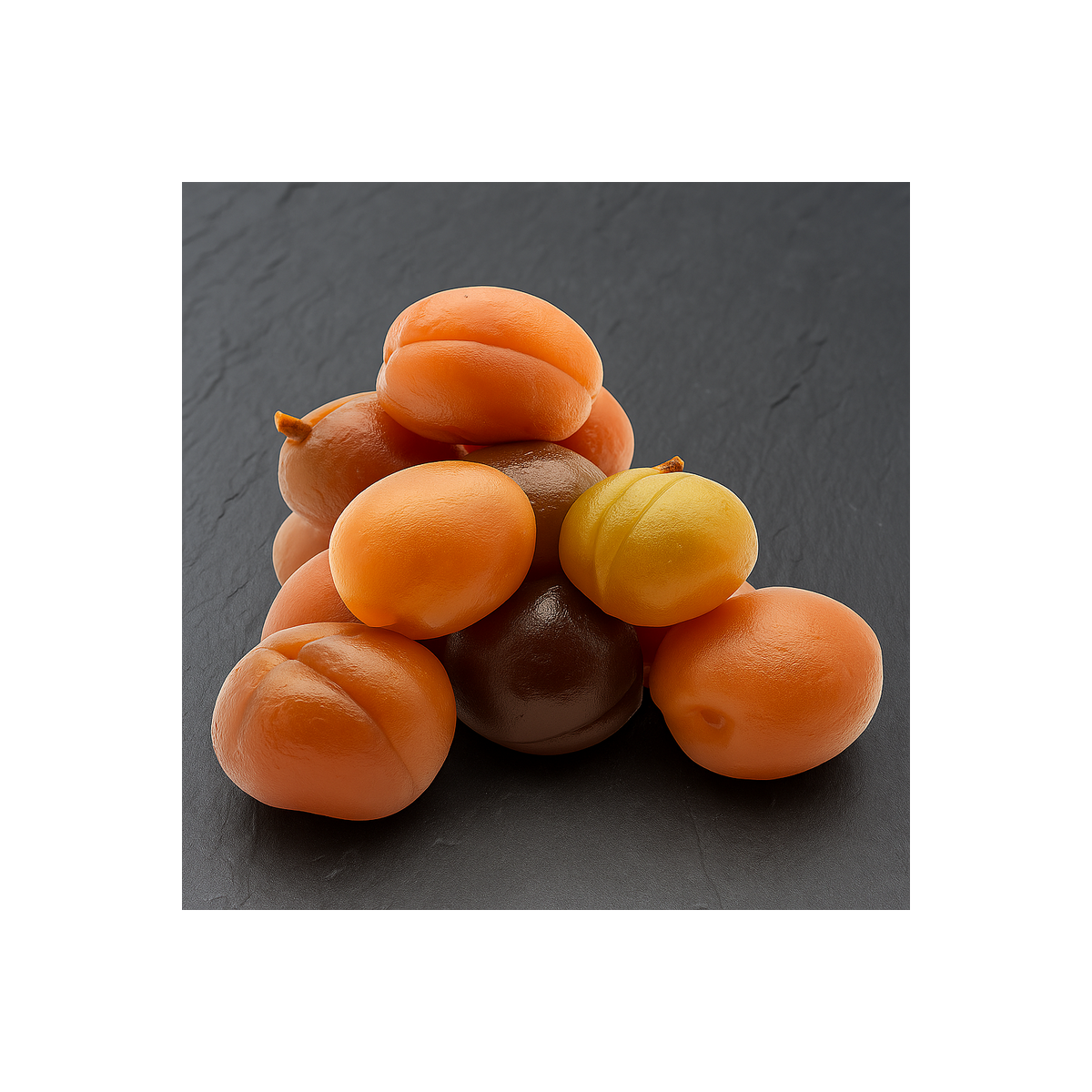 Abricots confits moelleux et réguliers sur ardoise haut de gamme, présentation naturelle
