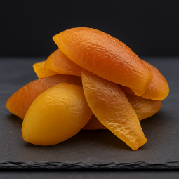 Cascas de laranja cristalizadas com textura macia e aroma cítrico intenso em ardósia de alta qualidade