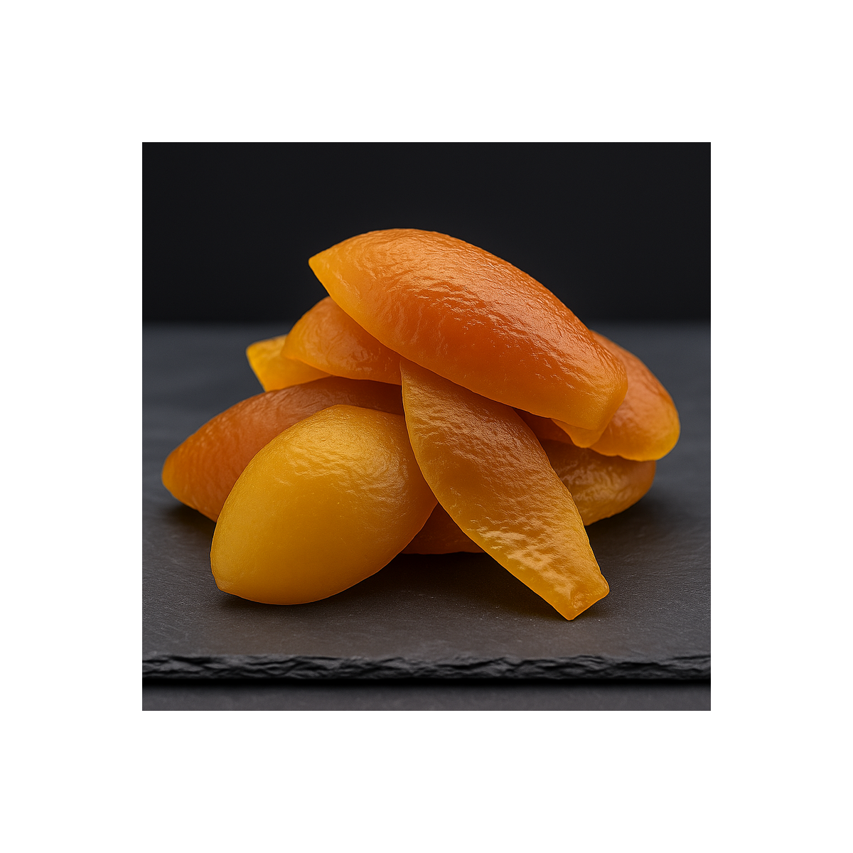 Cascas de laranja cristalizadas com textura macia e aroma cítrico intenso em ardósia de alta qualidade