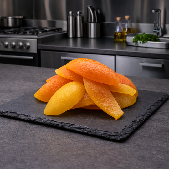 Candied orange peel combined with dark chocolate on black slate, gourmet presentation