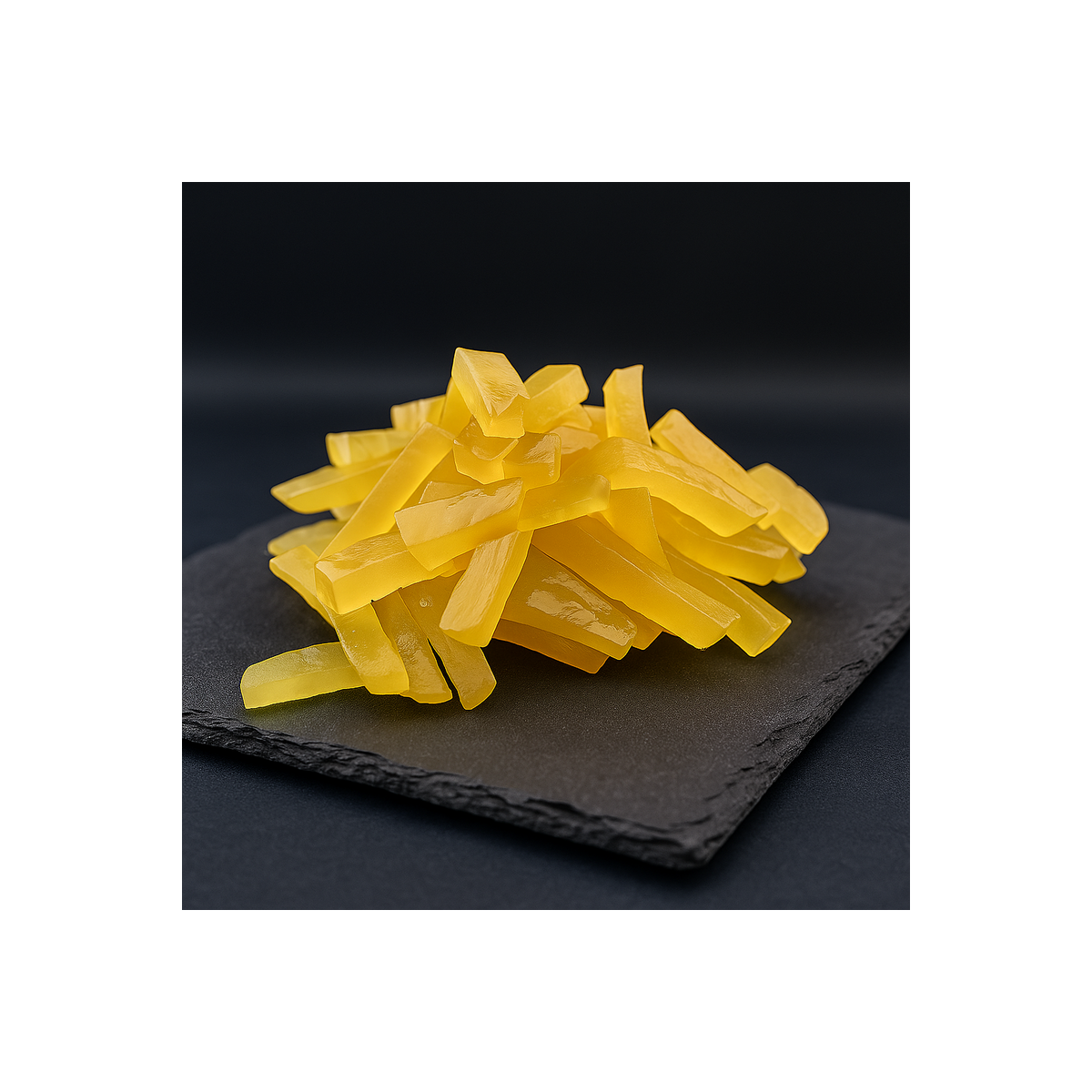 Candied ginger presented in a contemporary professional kitchen setting