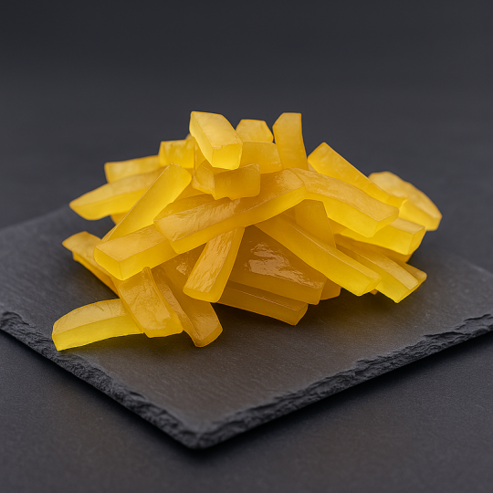 Gingembre confit en bâtonnets présenté dans un univers de cuisine contemporaine et professionnelle