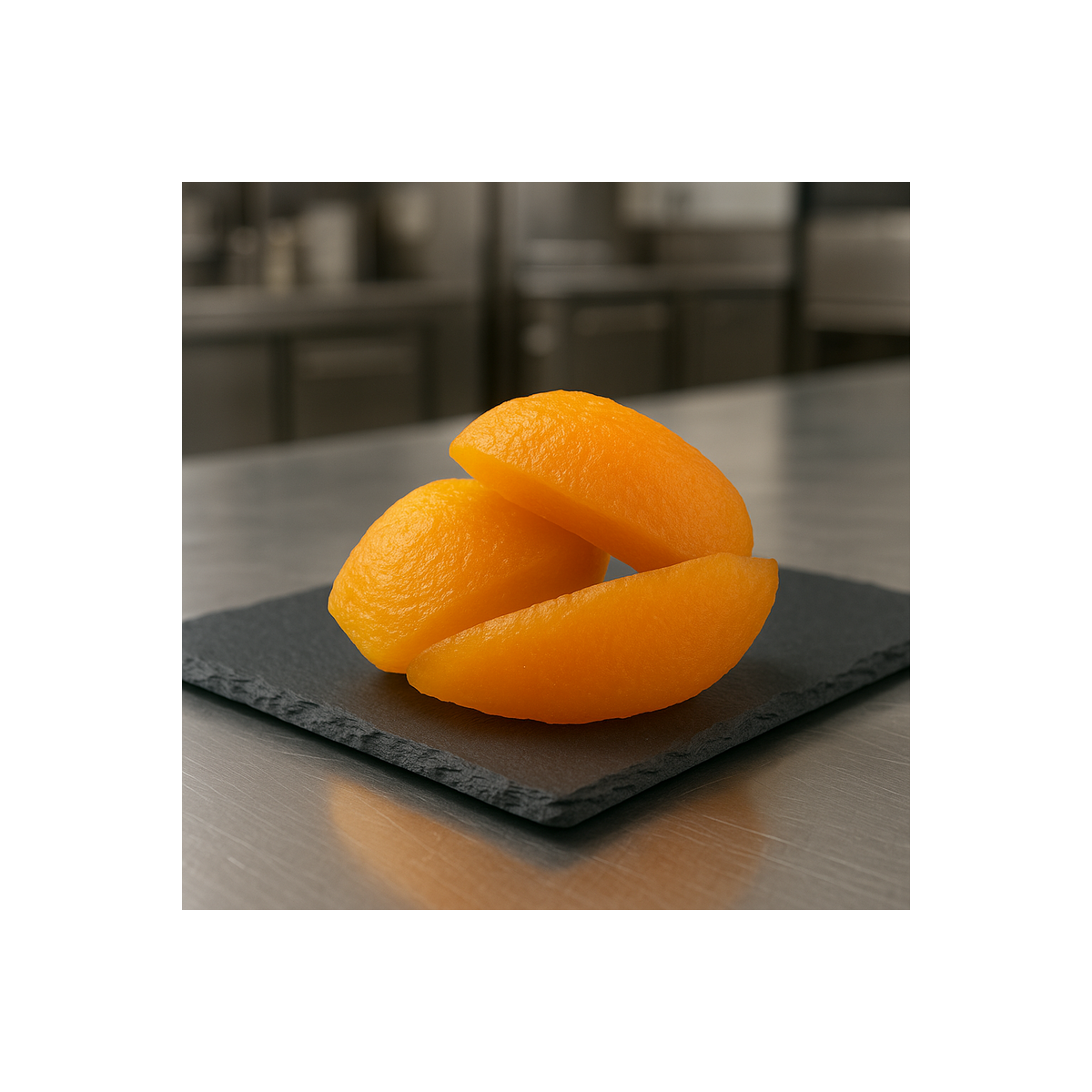Candied melon in pieces with a soft, melt-in-the-mouth texture on high-end slate
