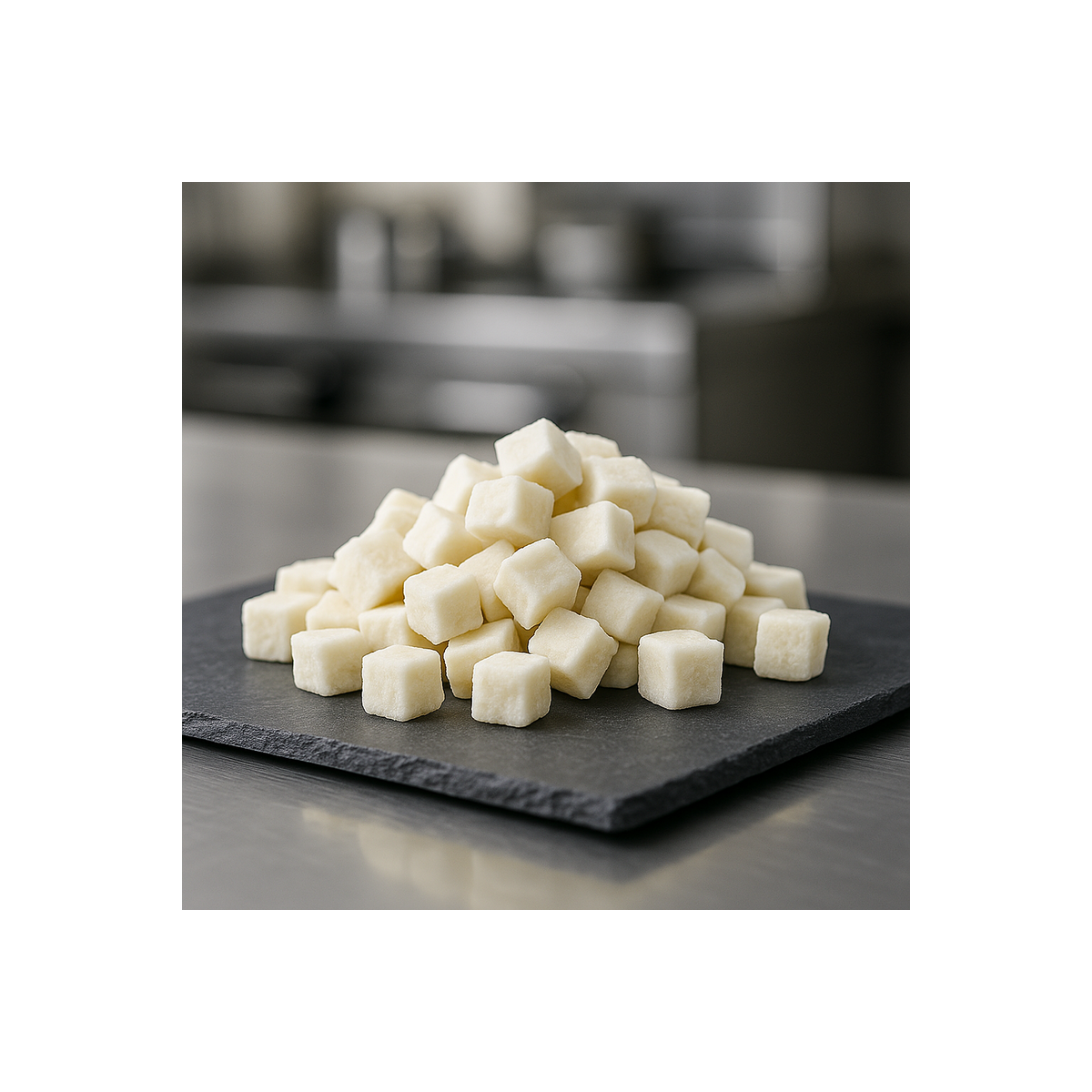 Noix de coco déshydratée en cubes sur ardoise premium, texture moelleuse