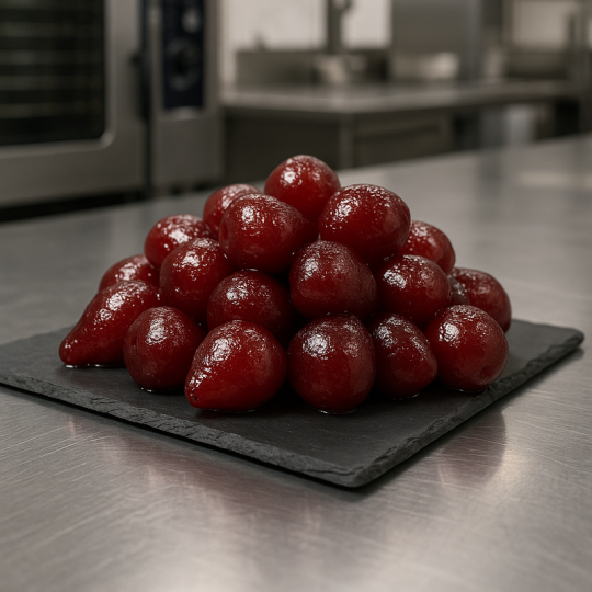 Peras carmim cristalizadas apresentadas num ambiente de cozinha profissional contemporânea