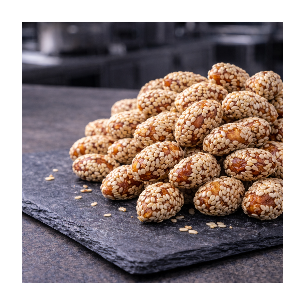 Cacahuètes caramélisées au sésame sur ardoise haut de gamme