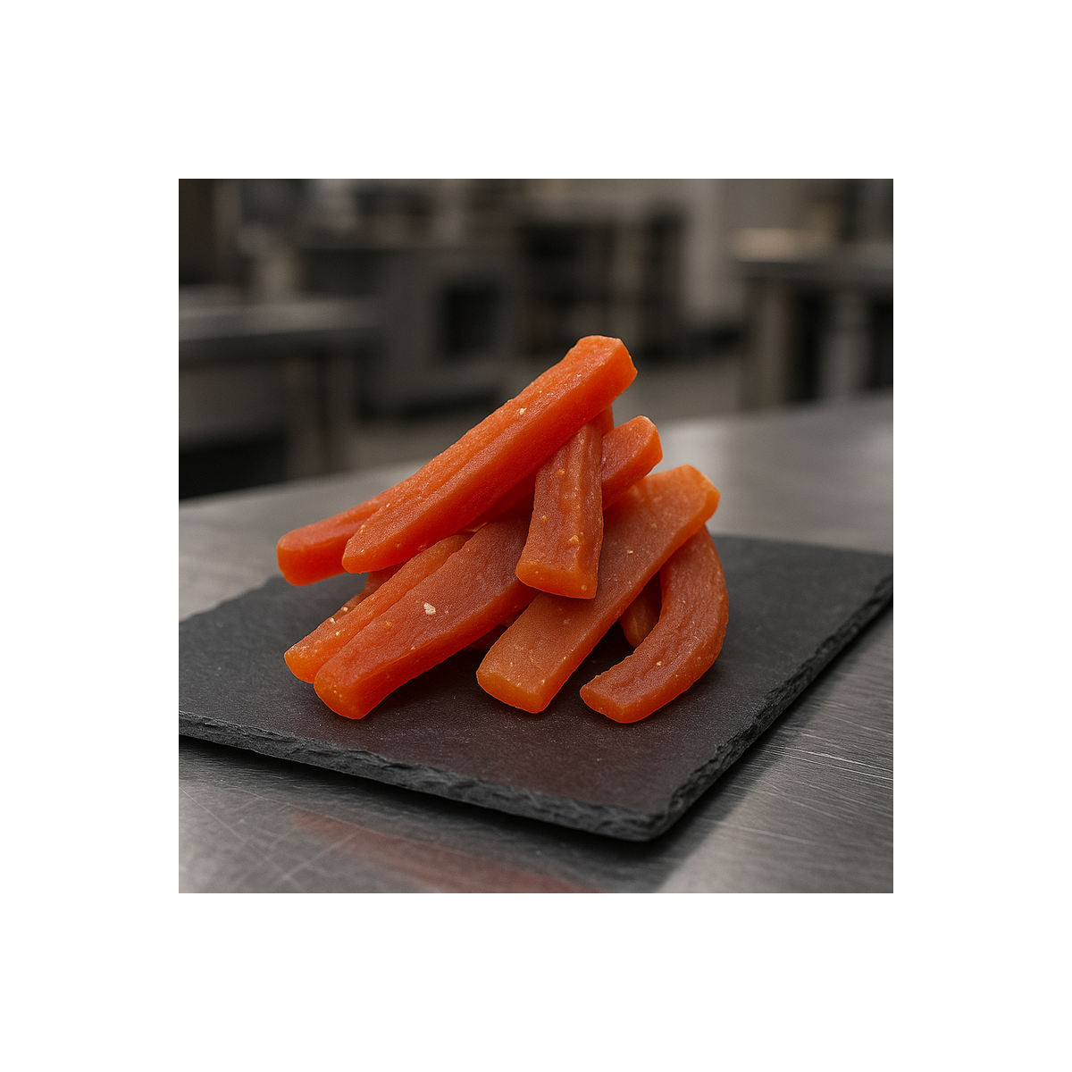 Soft dehydrated papaya pieces on premium slate board