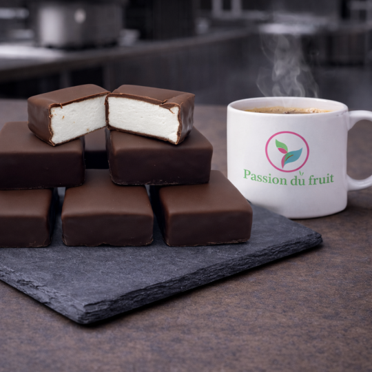 Vanilla marshmallow coated in chocolate on slate