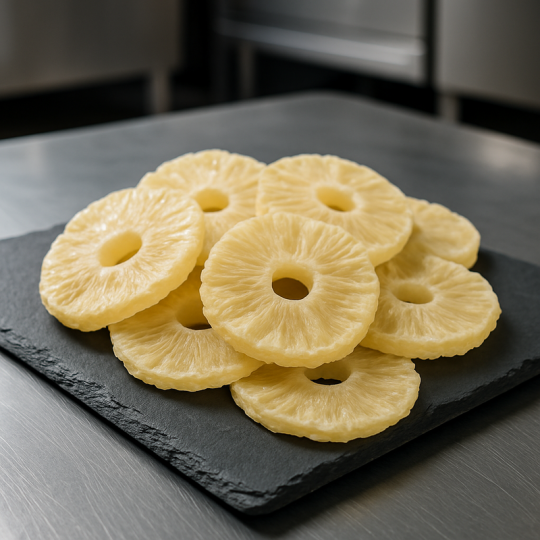dehydrated pineapple slices on slate board in modern kitchen
