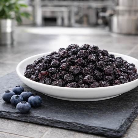 Myrtilles déshydratées premium en assiette blanche sur ardoise, cuisine professionnelle – Passion du Fruit France