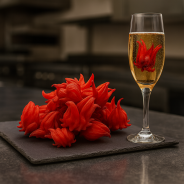 Gedroogde hibiscusbloem als decoratie in een champagneglas