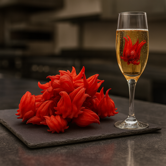 Gedroogde hibiscusbloem als decoratie in een champagneglas