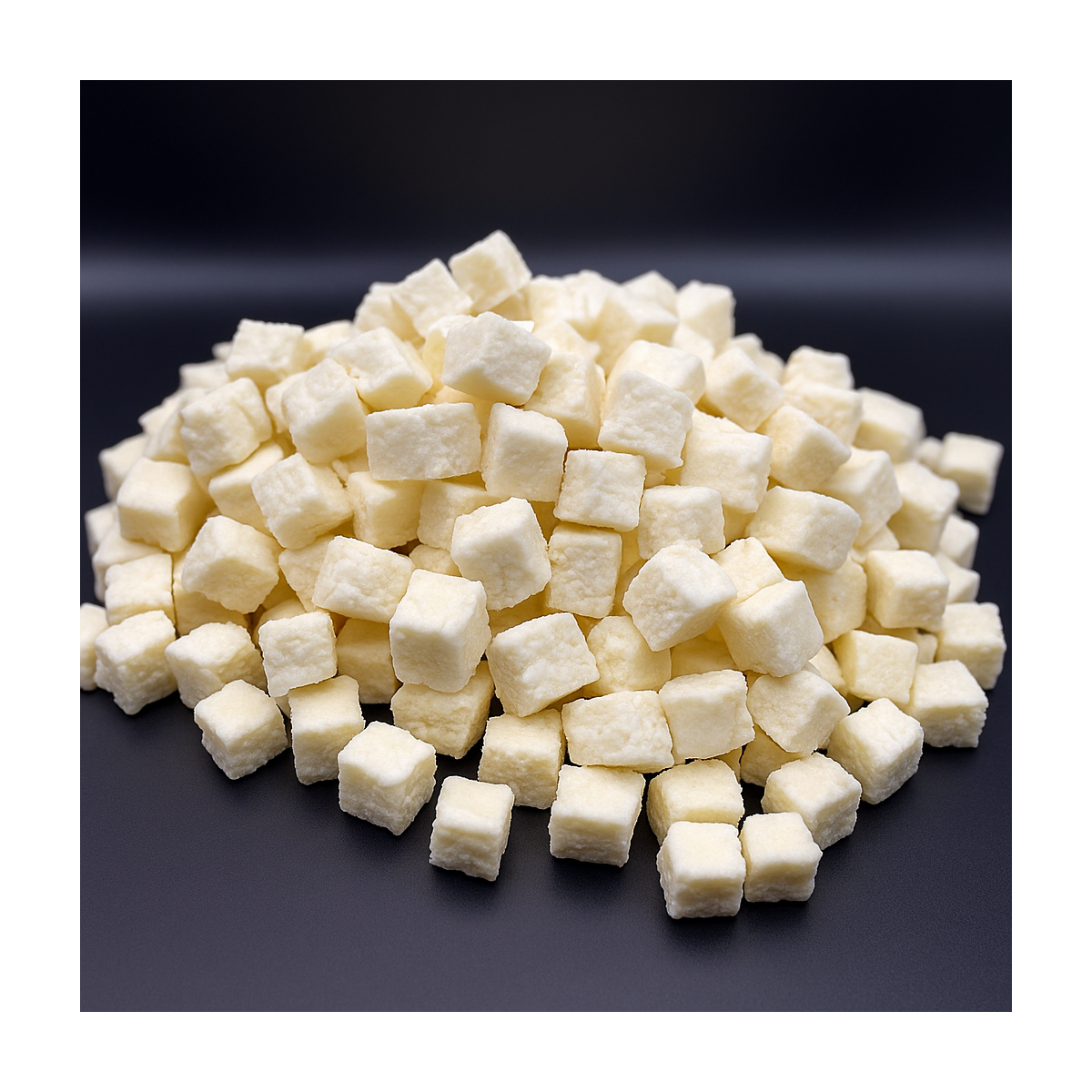 Pile of dehydrated coconut pieces on light studio background