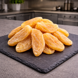 Dehydrated pear displayed on premium slate board