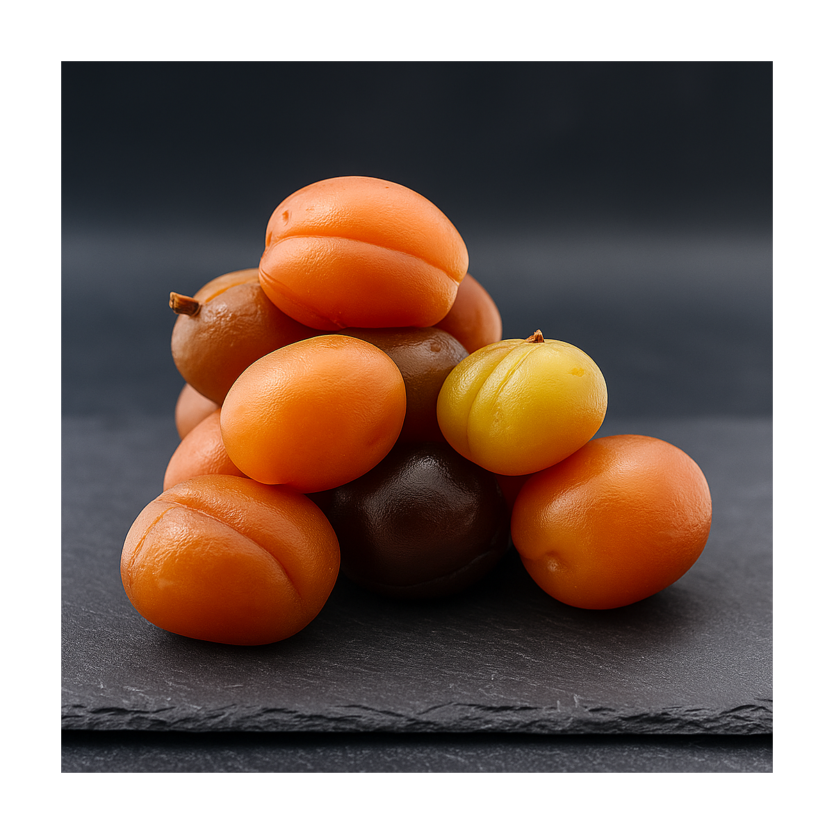 abricots confits de Provence artisanaux, fruits dorés posés sur planche d’ardoise, spécialité française authentique