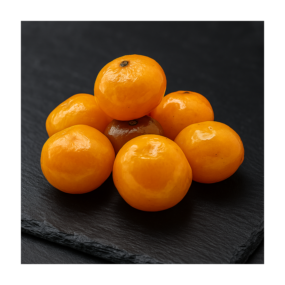 premium French candied clementines, Corsica specialty styled on dark slate background