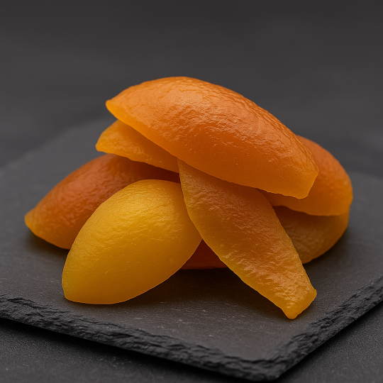 High-quality French candied orange peels on a dark slate surface, natural glossy texture, gourmet confectionery from Provence