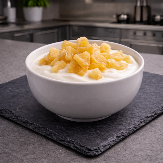 Pera deshidratada cortada en trozos para yogur