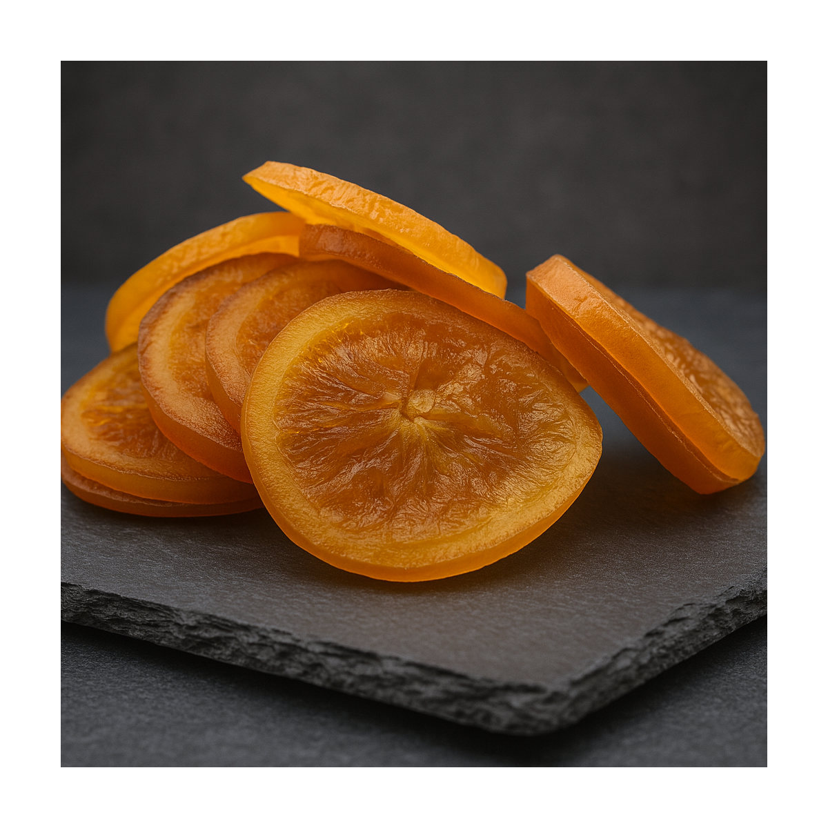 Natural candied orange slices on premium slate board – Provence specialty
