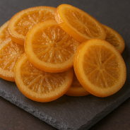 Authentic artisanal candied orange on high-end slate surface