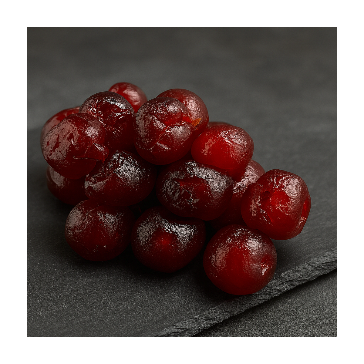 Cerises confites bigarreaux rouges sur planche d’ardoise premium – Provence