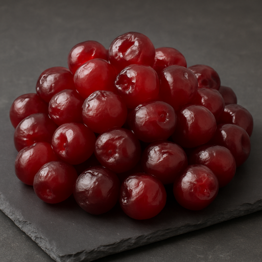 Artisanal candied cherries arranged on high-end slate surface Artisanal candied cherries arranged on high-end slate surface