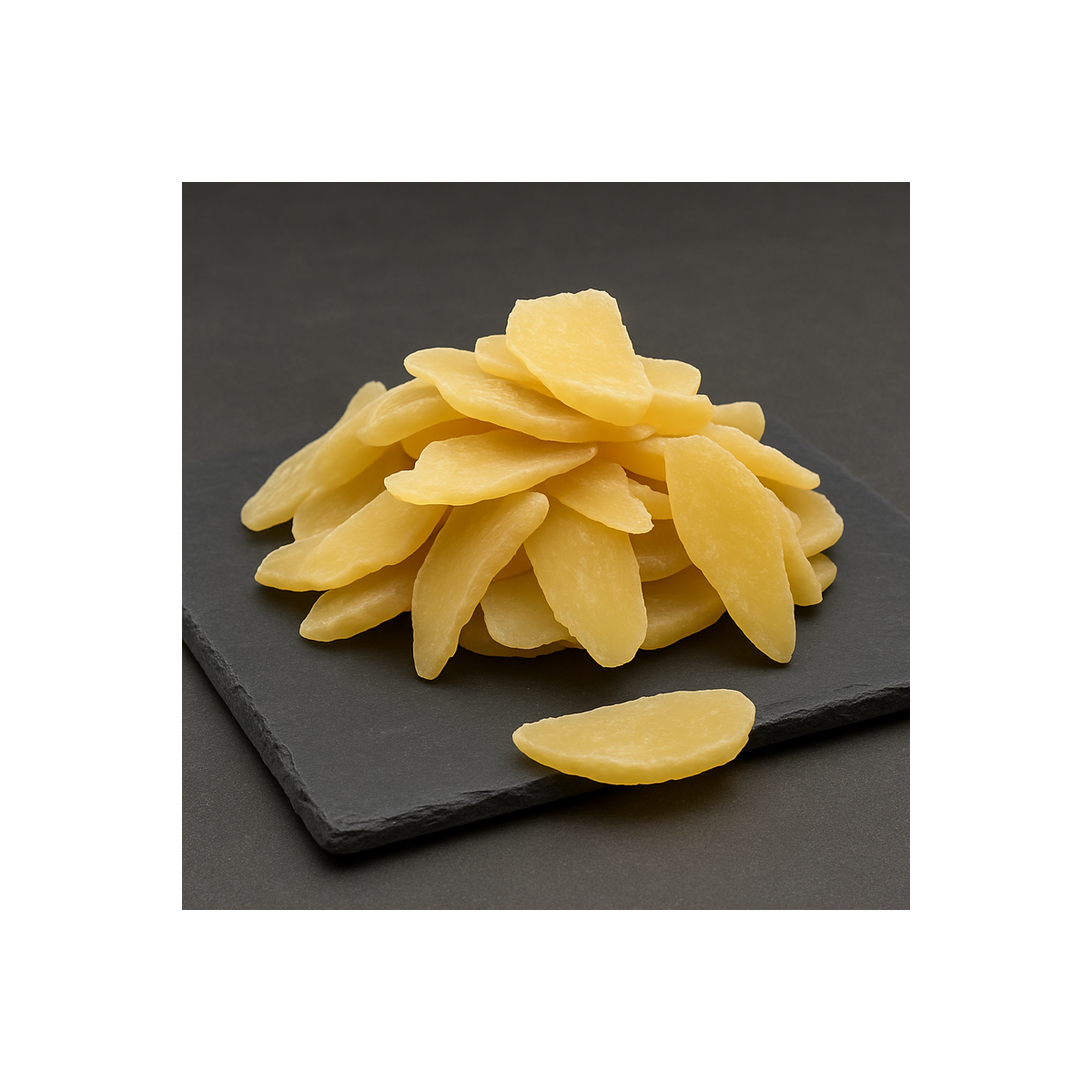 Dehydrated ginger on a premium slate board