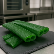 Light green candied angelica on premium slate in a professional kitchen