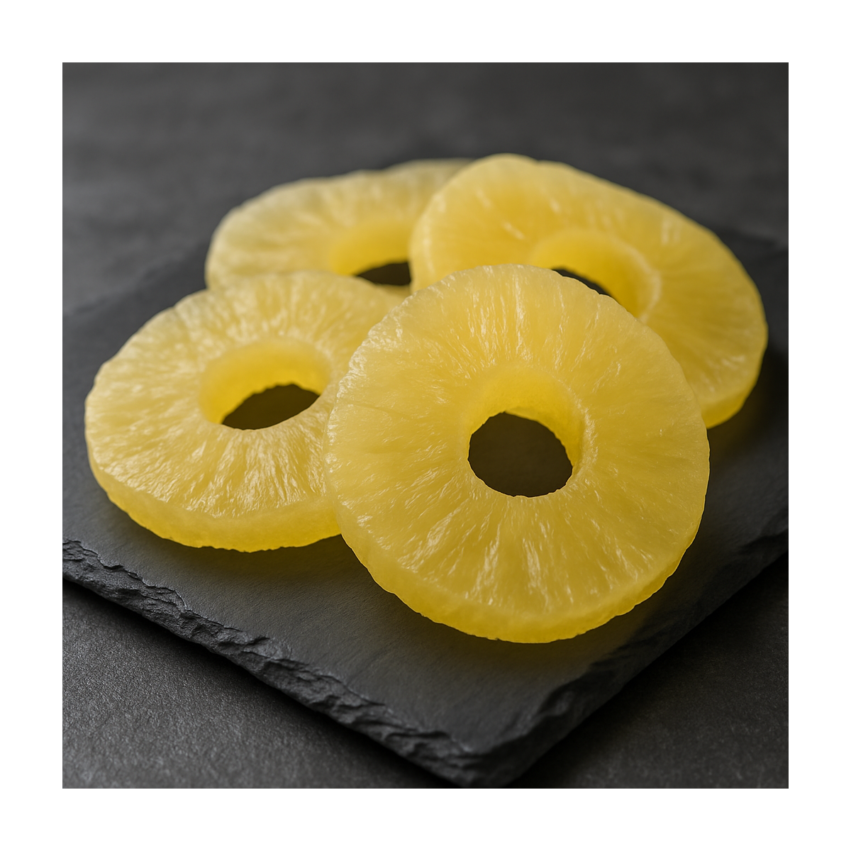 Golden candied pineapple rings on slate background