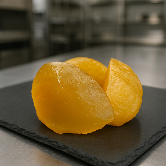 Golden candied melon pieces on slate surface in a professional culinary setting Golden candied melon pieces on slate surface in a professional culinary setting