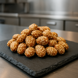 esame-coated caramel peanuts displayed on slate, golden gourmet treat