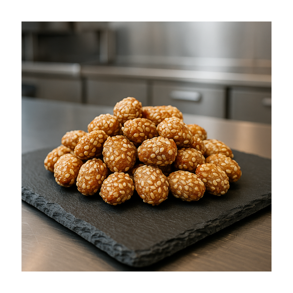 esame-coated caramel peanuts displayed on slate, golden gourmet treat