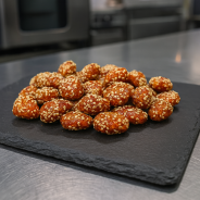 Caramelized peanuts coated with sesame seeds, crunchy artisanal confection