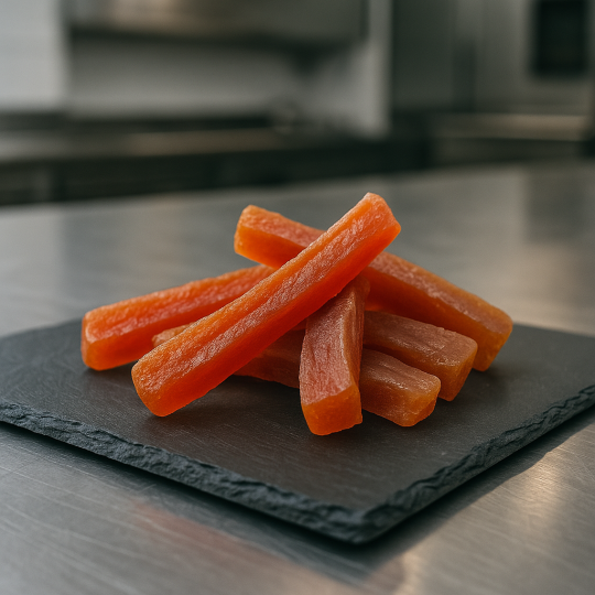 Candied papaya sticks on premium slate board in a modern professional kitchen