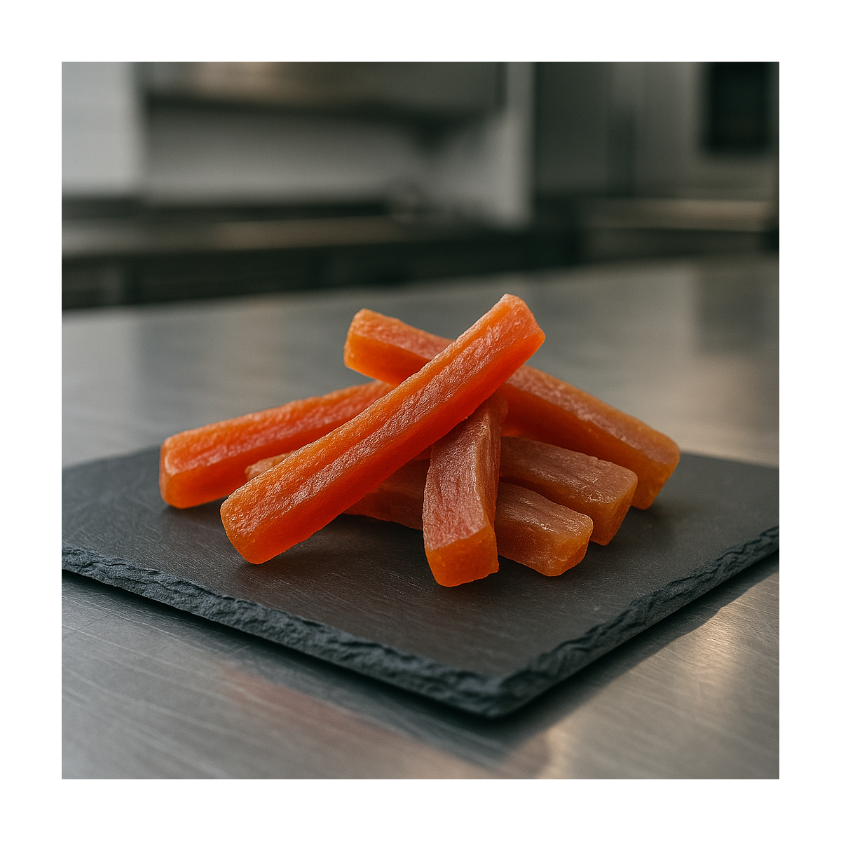 Candied papaya sticks on premium slate board in a modern professional kitchen
