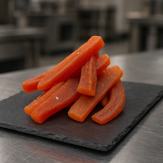Natural candied papaya displayed on slate in a stainless-steel pro kitchen environment