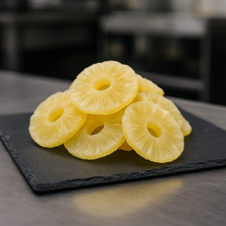 Ananas déshydraté naturel présenté sur ardoise en environnement culinaire pro