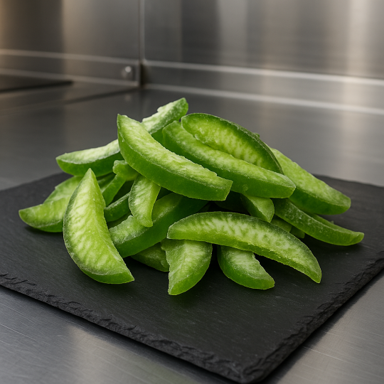 Artisanal green pomelo peel candy displayed on premium slate board