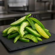 Candied green pomelo slices on slate in a professional kitchen