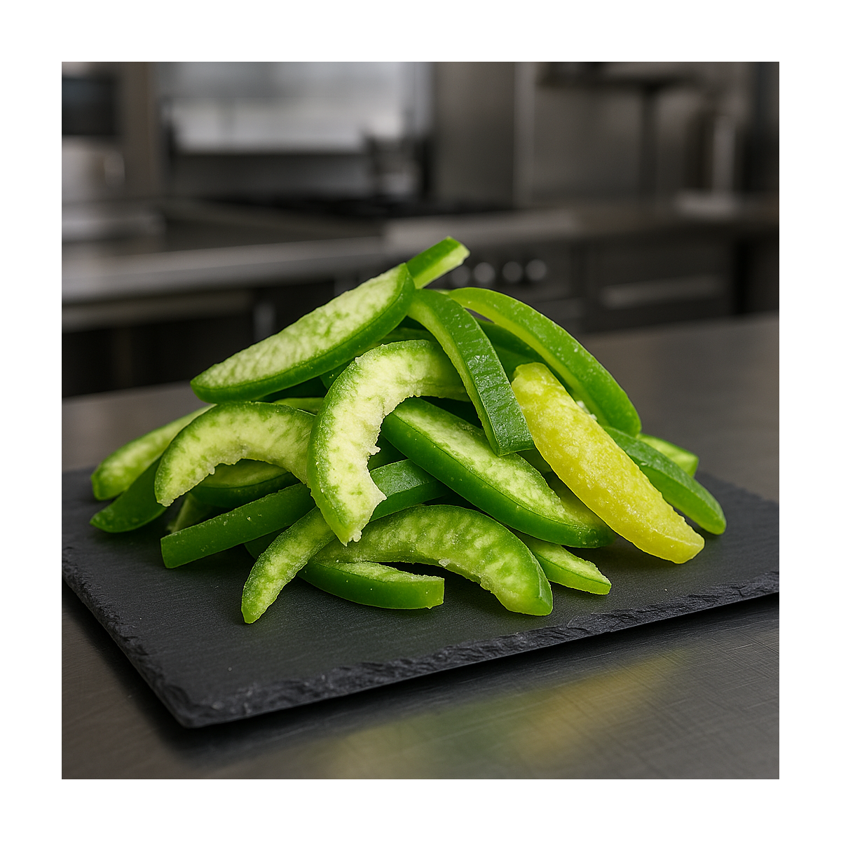 Candied green pomelo slices on slate in a professional kitchen
