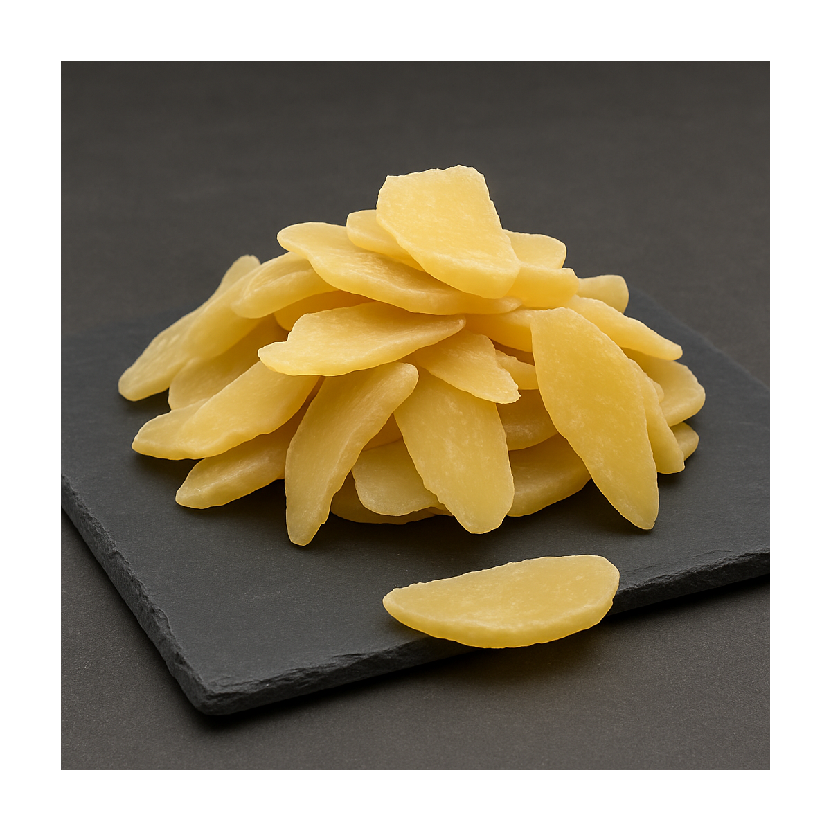 dried ginger slices on dark slate background